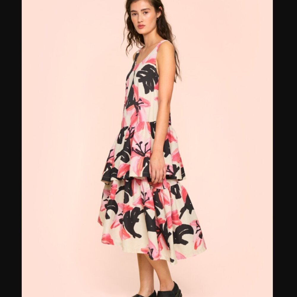 Bitte Kai Rand NWT Cool Lily Dress With Flounces Sleeveless Tiered Midi Womens M